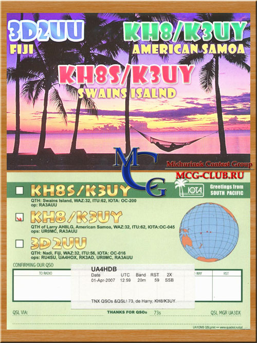KH8 Американское Самоа - American Samoa - Экспедиции в Американское Самоа и образцы полученных QSL - Американское Самоа в LotW - KM9D/KH8 - K8O - KH8/SM7PKK - AH8A - DF2UU/KH8 - NH6RT/KH8 - AH8LG - KH8/K3UY - OE1ETA/KH8 - OE2VEL/KH8 - AH8B - KH8/AI5P - KH8/DL6JGN - KH8/KK6HC - mcg-club.ru