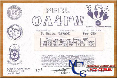 OA Перу - Peru - Экспедиции в Перу и образцы полученных QSL - Перу в LotW - OC4WW - OA4O - OA4CPY - OA4BCZ - OA4ANR - OA1F - OA7/UA4WHX - OA7/DK7PE - OA4DKC - OA7/F6BFH - OC1I - OC6I - OA4AWD - OA4CIH - OA4/DL5SE - OA4FW - OA4GL - OA5BN - OA8BA - OA/UA4WHX - OA4CYK - OA4OS - OA6AFS - mcg-club.ru