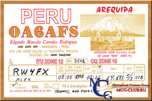 OA Перу - Peru - Экспедиции в Перу и образцы полученных QSL - Перу в LotW - OC4WW - OA4O - OA4CPY - OA4BCZ - OA4ANR - OA1F - OA7/UA4WHX - OA7/DK7PE - OA4DKC - OA7/F6BFH - OC1I - OC6I - OA4AWD - OA4CIH - OA4/DL5SE - OA4FW - OA4GL - OA5BN - OA8BA - OA/UA4WHX - OA4CYK - OA4OS - OA6AFS - mcg-club.ru