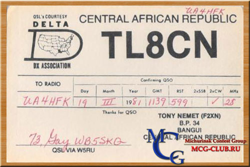 TL ЦАР - Central African Republic - Экспедиции в ЦАР и образцы полученных QSL - ЦАР в LotW - TL0R - TL0A - TL8WD - TL8KH - TL8MS - TL8HZ - TL8CK - TL8CN - TL8GR - mcg-club.ru